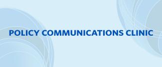 the words: "policy communications clinic" on a blue background with abstract blue swirl patterns